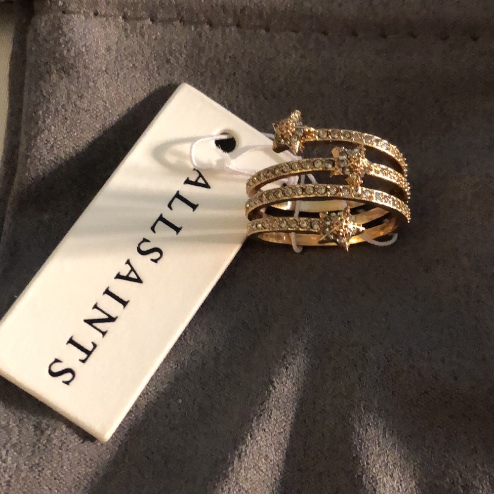 ALLSAINTS Gold Tone Star Coil Ring Crystal Accents Size 7 NWT & Dust Bag